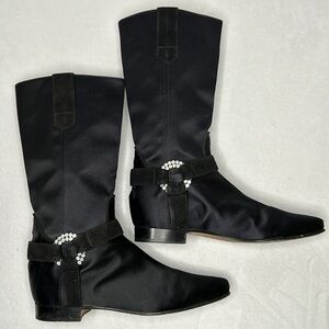 Manolo Blahnik Mid Calf Black Satin Boots 36